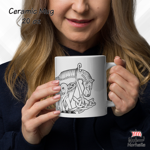 This beautiful ceramic mug is decorated with unique original art featuring Odin's eight-legged horse Sleipnir in classic Nordic knots and dot style by Swedish artist Micke Johansson. Norhalla.com