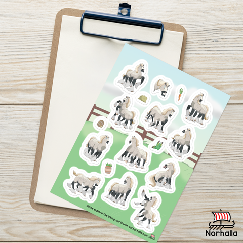 Get a full sheet of 17 glossy stickers featuring the Norse god Odin's magnificent eight-legged horse, Sleipnir! Norhalla.com