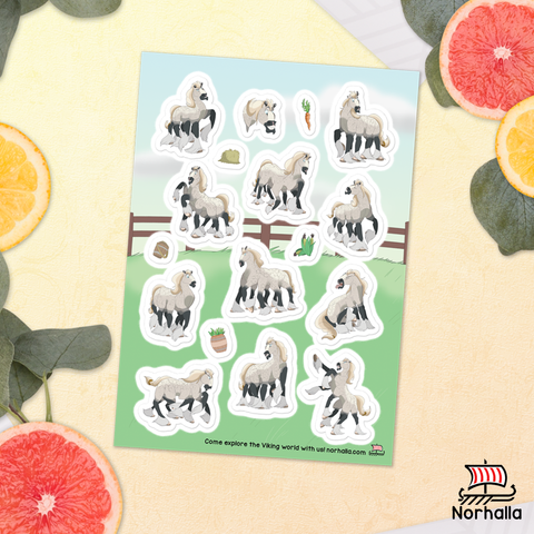 Get a full sheet of 17 glossy stickers featuring the Norse god Odin's magnificent eight-legged horse, Sleipnir! Norhalla.com