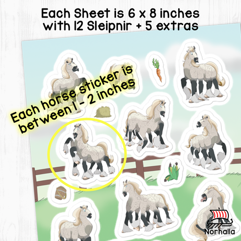 Get a full sheet of 17 glossy stickers featuring the Norse god Odin's magnificent eight-legged horse, Sleipnir! Norhalla.com