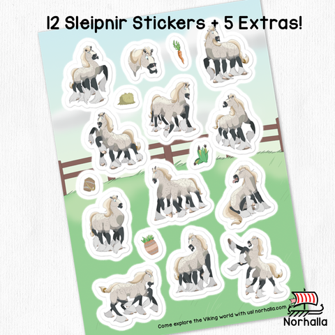 Get a full sheet of 17 glossy stickers featuring the Norse god Odin's magnificent eight-legged horse, Sleipnir! Norhalla.com