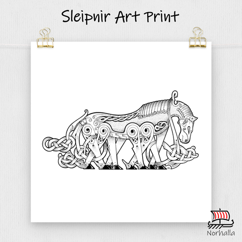 Nordic knot and dot style art featuring Odin's eight-legged horse Sleipnir. Museum-quality print made on thick matte paper. Norhalla.com