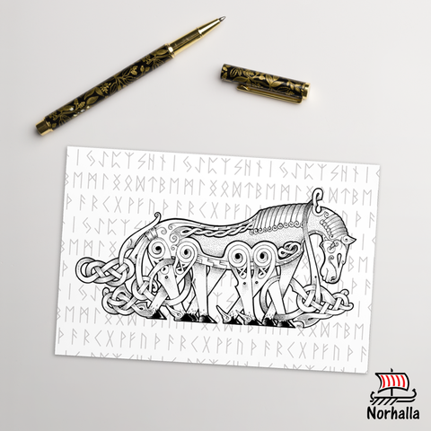 Original art print postcard featuring Odin's eight-legged horse Sleipnir by Swedish artist Micke Johansson. Norhalla.com