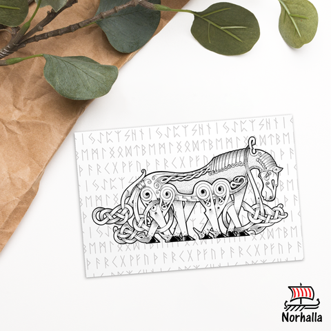 Original art print postcard featuring Odin's eight-legged horse Sleipnir by Swedish artist Micke Johansson. Norhalla.com