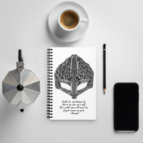 Original art print journal featuring a Viking helmet by Swedish artist Micke Johansson. Artwork created with classic Nordic knot and dot style. Norhalla.com
