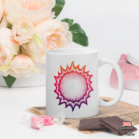This beautiful ceramic mug is decorated with unique original art featuring Sol and Mani, the sun and the moon in classic Nordic knots and dot style by Swedish artist Micke Johansson. Norhalla.com