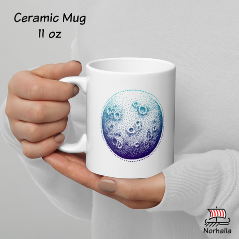 This beautiful ceramic mug is decorated with unique original art featuring Sol and Mani, the sun and the moon in classic Nordic knots and dot style by Swedish artist Micke Johansson. Norhalla.com