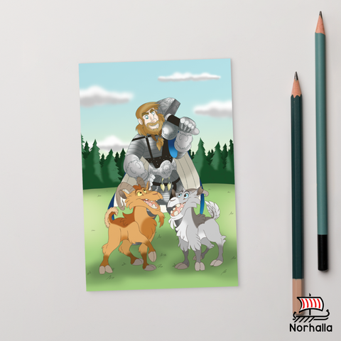 Full color artwork of Thor and his goats Toothgnasher and Toothgrinder by Kathryn Massey Argote, illustrator for our Norse children's books. Norhalla.com