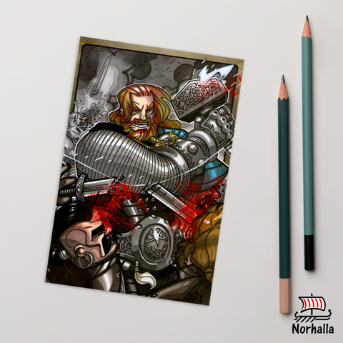 Original art print postcard featuring Thor swinging his mighty hammer Mjolnir by artist Nicolás R. Giacondino. Norhalla.com