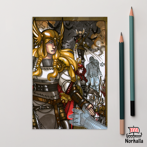 Original art print postcard featuring Valkyries on the battlefield by artist Nicolás R. Giacondino. Norhalla.com