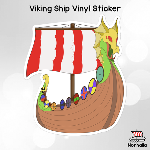 Norse god Freyr's ship Skidbladnir is available on a vinyl sticker in 3 sizes! Illustrated by Kathryn Massey Argote, artist for our children's books! Norhalla.com