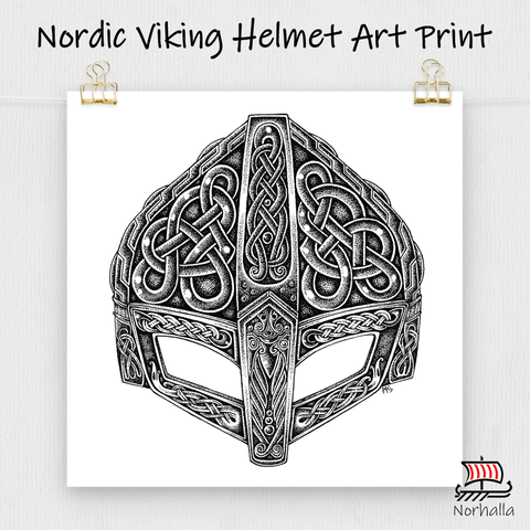 Nordic knot and dot style art featuring a Viking Helmet. Museum-quality print made on thick matte paper. Norhalla.com