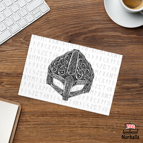 Original art print postcard in Nordic knot and dot style art featuring a Viking Helmet by Swedish artist Micke Johansson. Norhalla.com