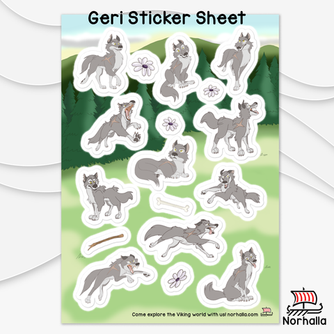 Two full sheets of glossy stickers featuring the Norse god Odin's wolves, Geri & Freki!  Norhalla.com