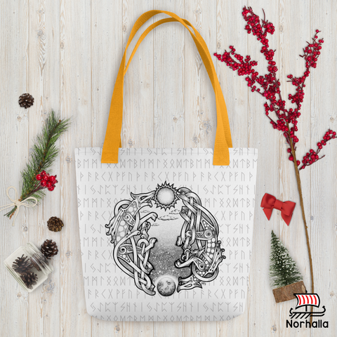 This spacious tote bag is decorated with unique original art featuring the wolves Skoll and Hati chasing the sun and the moon. Norhalla.com