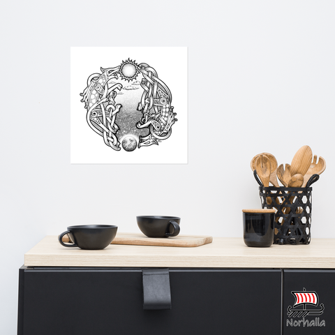 Nordic knot and dot style original art print featuring the Wolves Skoll and Hati who chase Sol and Mani, the sun and the moon. Norhalla.com
