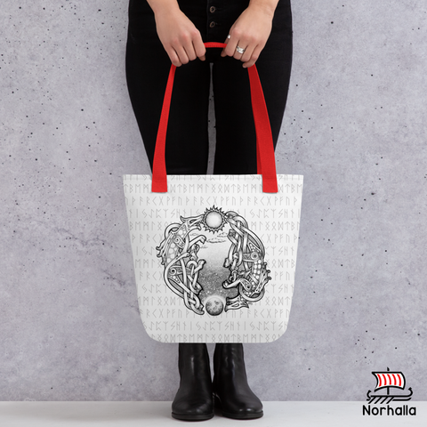 This spacious tote bag is decorated with unique original art featuring the wolves Skoll and Hati chasing the sun and the moon. Norhalla.com