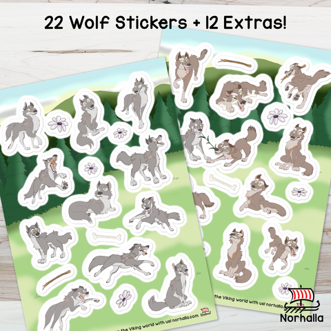 Two full sheets of glossy stickers featuring the Norse god Odin's wolves, Geri & Freki!  Norhalla.com
