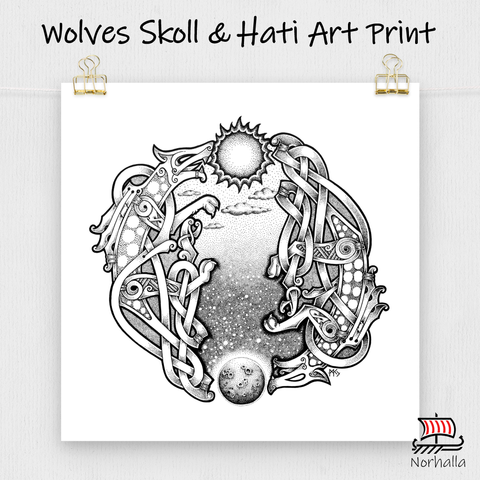 Nordic knot and dot style original art print featuring the Wolves Skoll and Hati who chase Sol and Mani, the sun and the moon. Norhalla.com