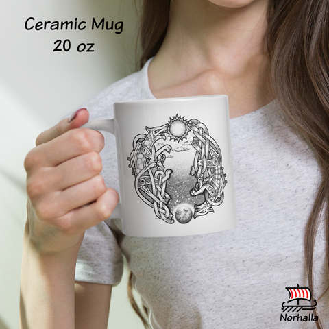This beautiful ceramic mug is decorated with unique original art featuring the wolves Skoll and Hati chasing the sun and the moon in classic Nordic knots and dot style by Swedish artist Micke Johansson. Norhalla.com