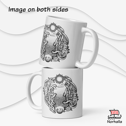 This beautiful ceramic mug is decorated with unique original art featuring the wolves Skoll and Hati chasing the sun and the moon in classic Nordic knots and dot style by Swedish artist Micke Johansson. Norhalla.com