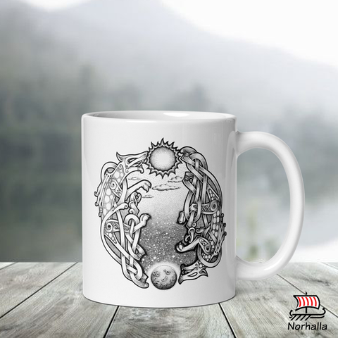 This beautiful ceramic mug is decorated with unique original art featuring the wolves Skoll and Hati chasing the sun and the moon in classic Nordic knots and dot style by Swedish artist Micke Johansson. Norhalla.com