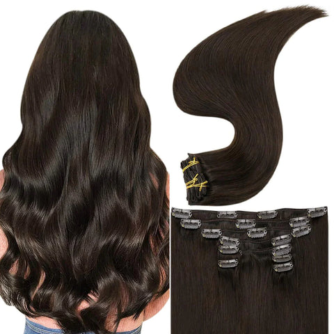 Full Shine Virgin Clip-In Hair Extensions (Darkest Brown #2)