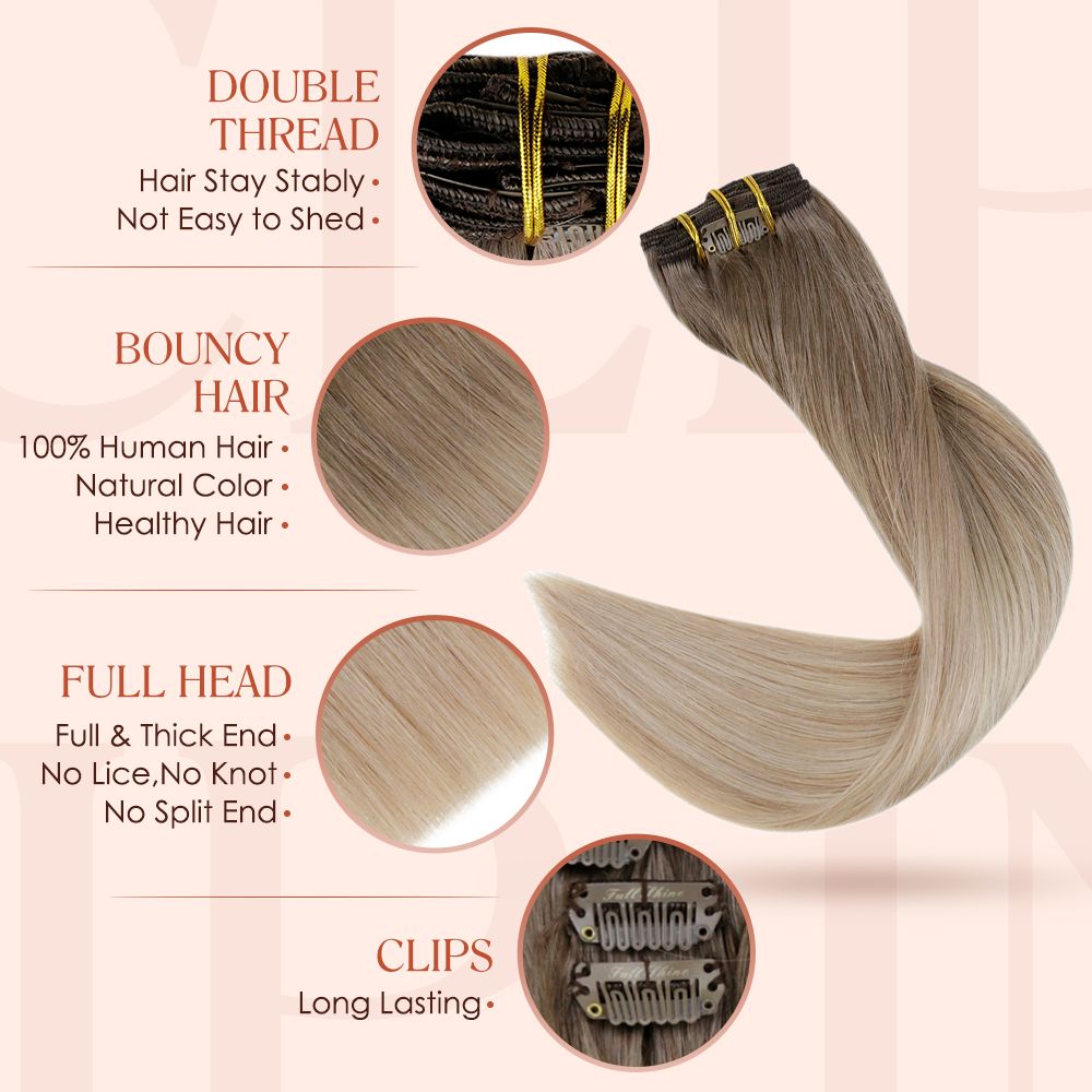 Remy Clip in Hair Extensions Ombre Balyage Color Full Head Human Hair ...