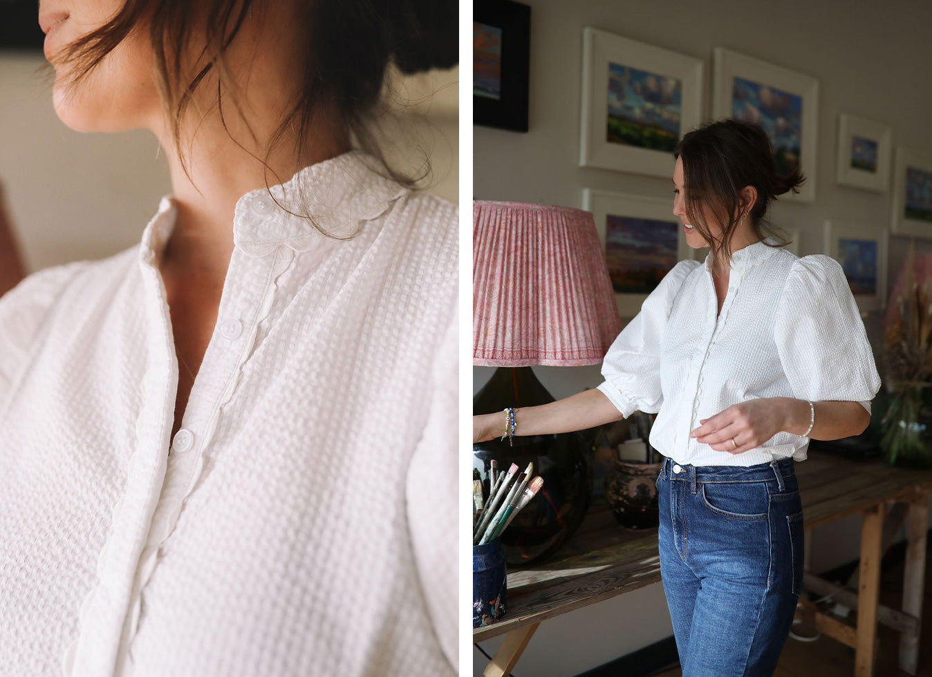 Lucy Kent wearing the Seraphina white cotton puff sleeve blouse