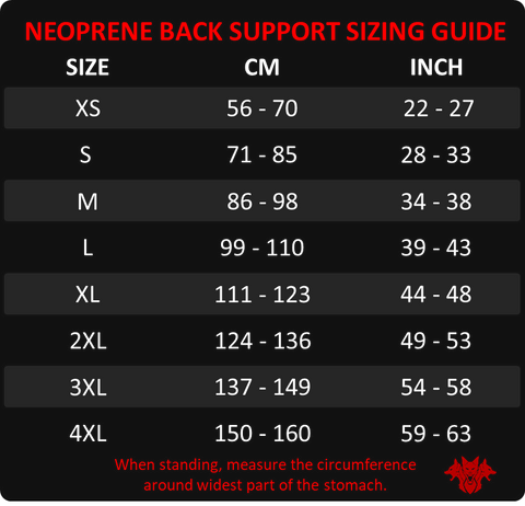 Cerberus back support sizing guide