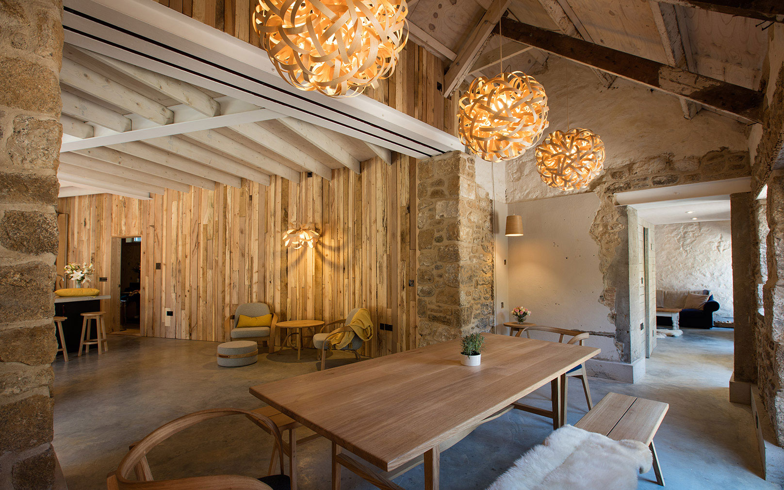 the open-plan kitchen/dining room at Tom Raffield's wood house