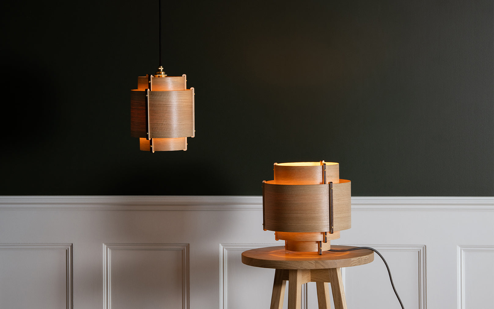 Tom Raffield Leven Table Light and Leven Pendant Small