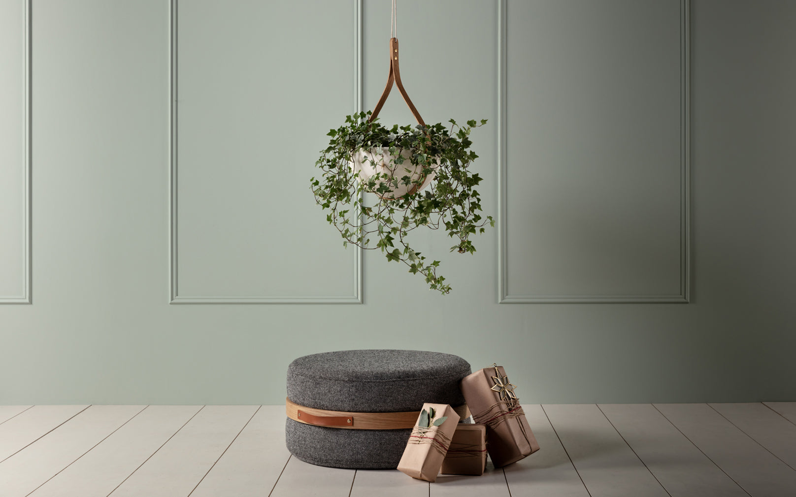 Tom Raffield Beeble Pouffe and Morvah Hanging Planter
