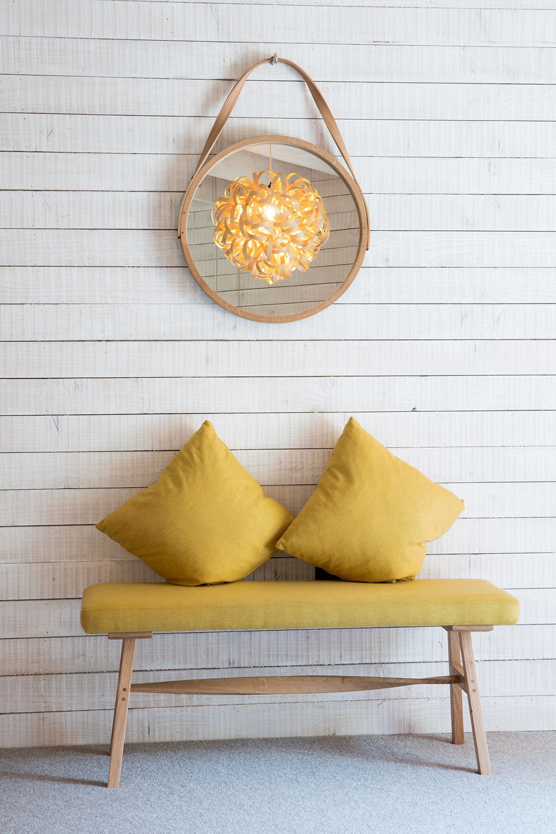 Harlyn Mirror and Yellow Upholstered Crib Bench