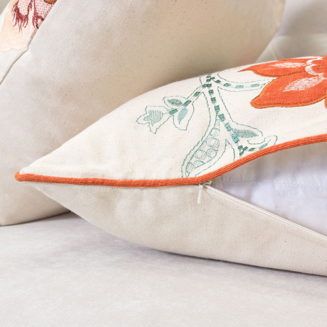 Embroidered Applique Whimsical Orange Poly Linen Floral Pillow – Home ...