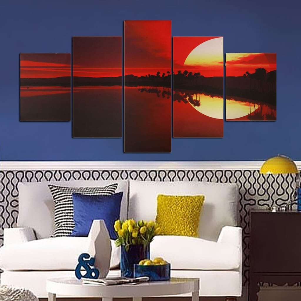 5pcs Frameless Canvas Painting Red Dusk Lakeside Picture
