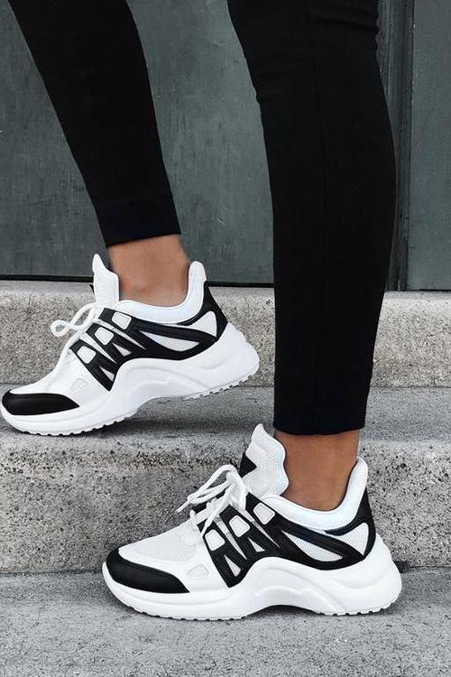 Chunky Mesh Two Tone Lace Up Sneakers - girlyrose.com