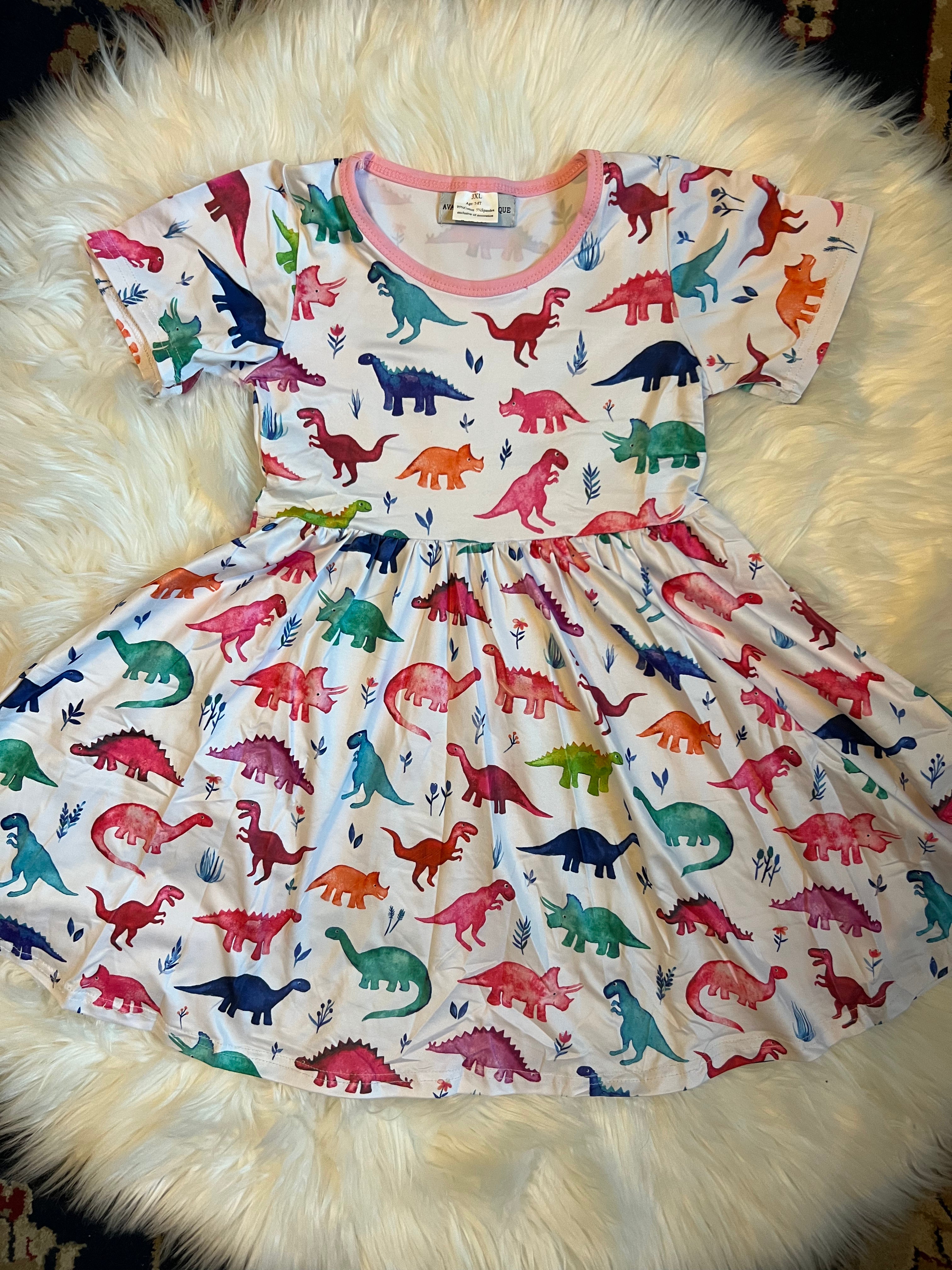 Dinosaur Short Sleeve Twirly Girl Dress
