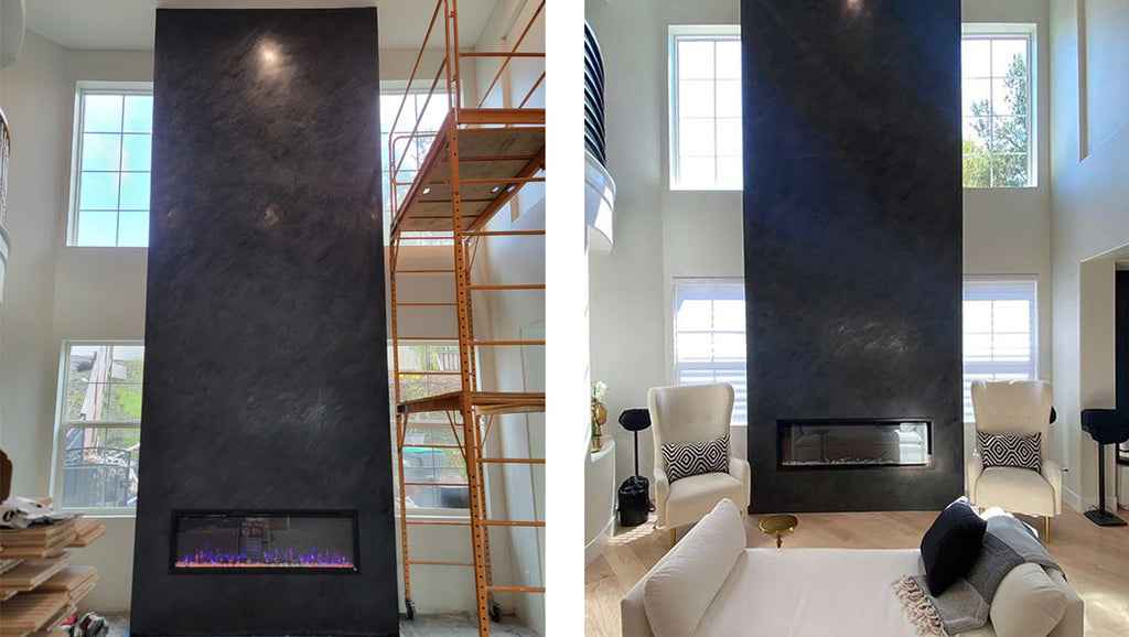 Before and after 18 foot fireplace accent wall by Hermogeno Designs featuring Touchstone Sideline Elite Smart Electric Fireplace