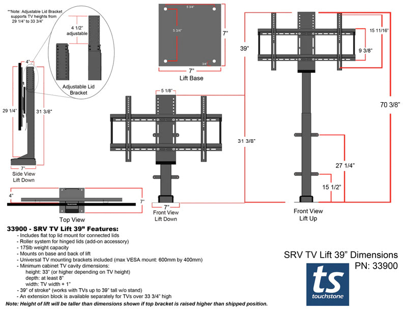 Touchstone SRV Pro 33900 TV Lift Product Dimensional Drawing