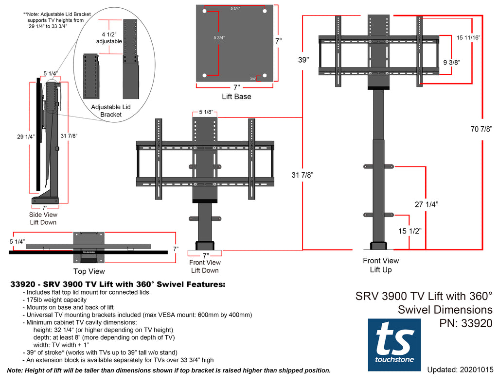 Touchstone SRV Pro 33920 360-Degree Swivel TV Lift Product Dimensional Drawing