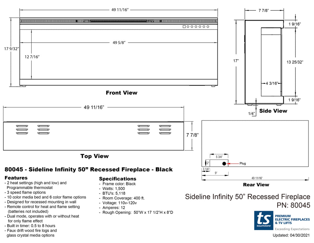 Touchstone Sideline Infinity 50" 3 Sided Electric Fireplace 80045 Dimensional Drawing