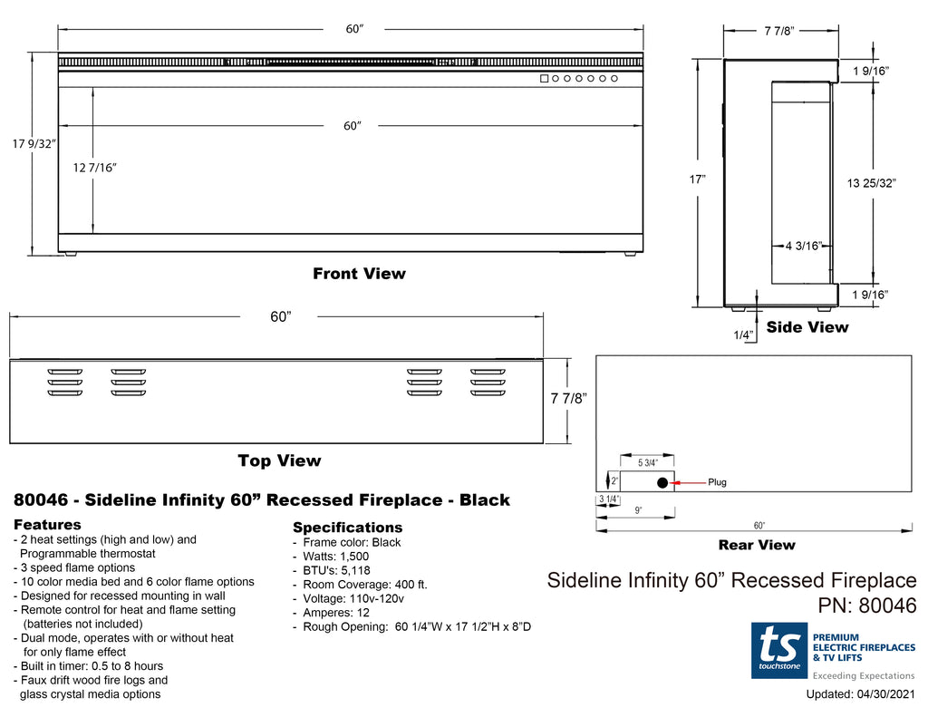 Touchstone Sideline Infinity 3 Sided Electric Fireplace 80046 Dimensional Drawing