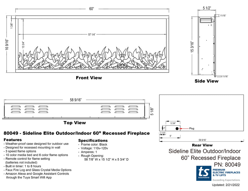 Touchstone 80049 Sideline Elite Outdoor Indoor 60 inch Recessed Fireplace