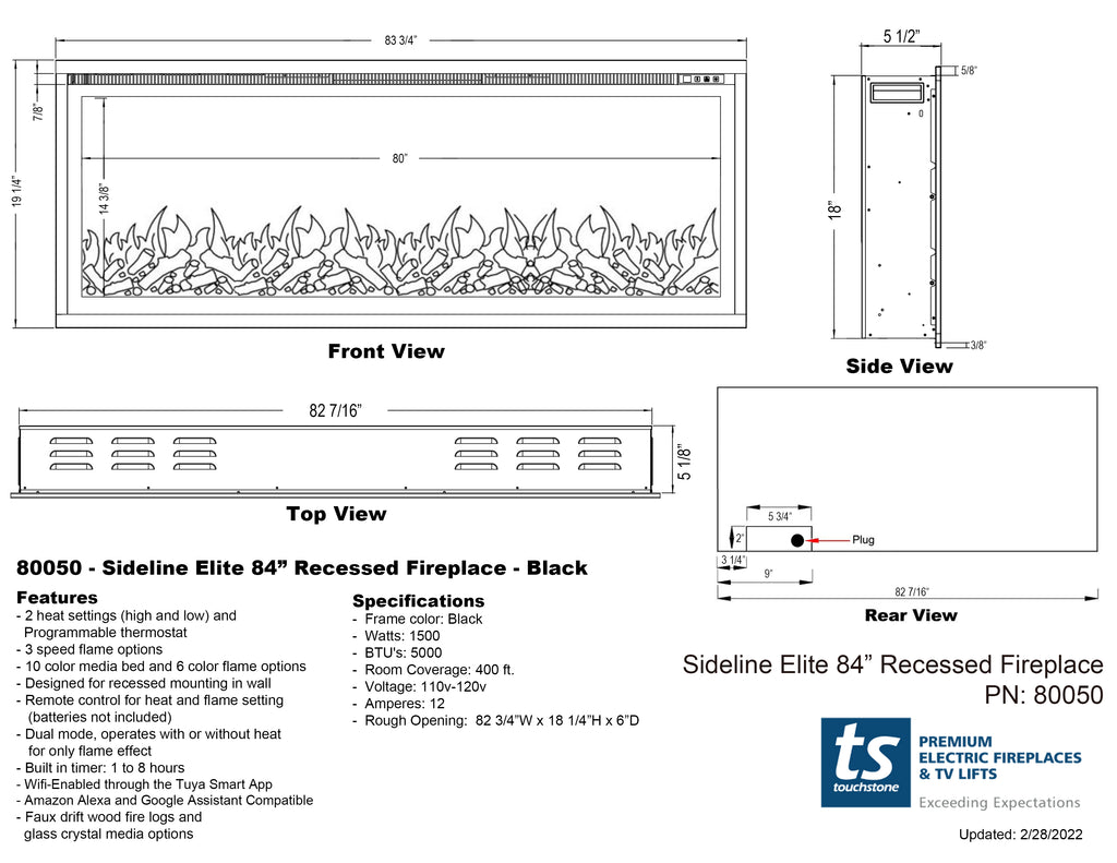 Touchstone Sideline Elite 84 Smart WiFi Enabled Electric Fireplace dimensional drawings