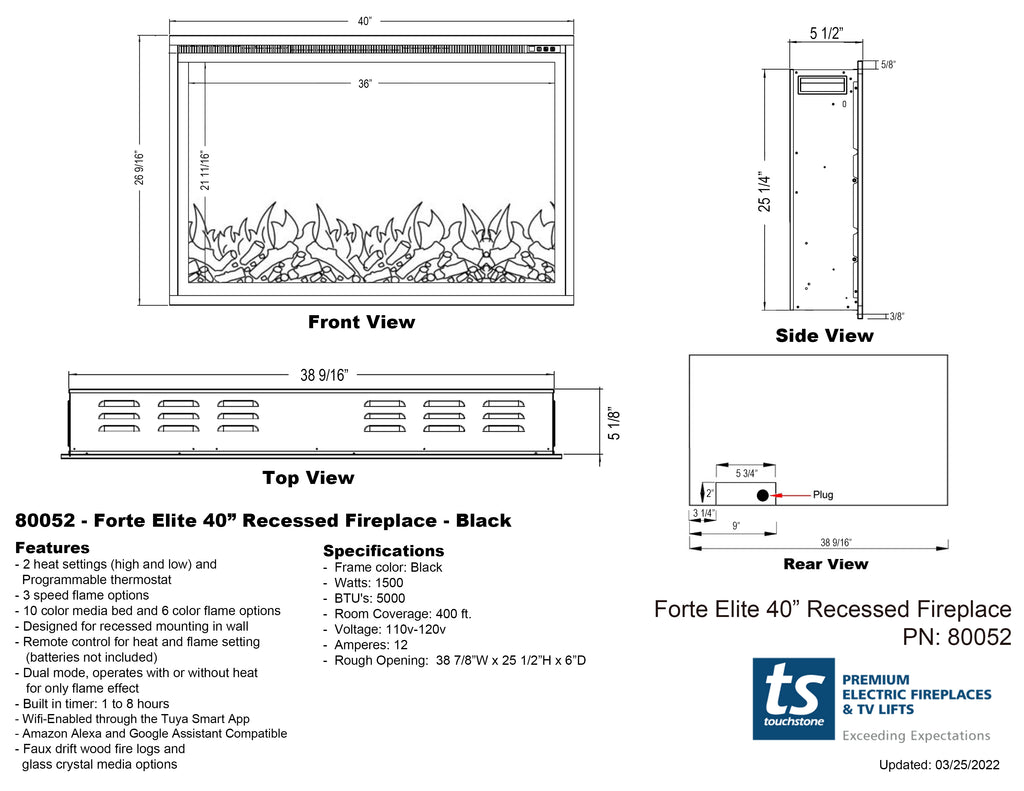 Touchstone Sideline Elite Forte Electric Fireplace specifications drawing