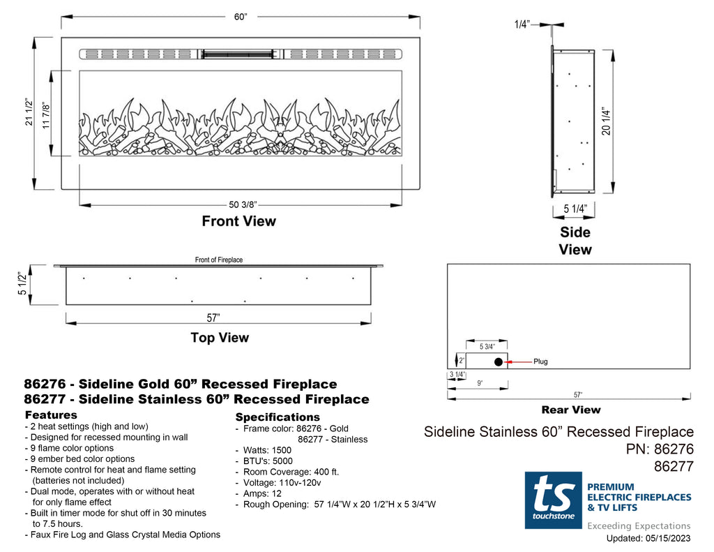 Touchstone Sideline Stainless Steel 86277 Smart Electric Fireplace dimensional drawing