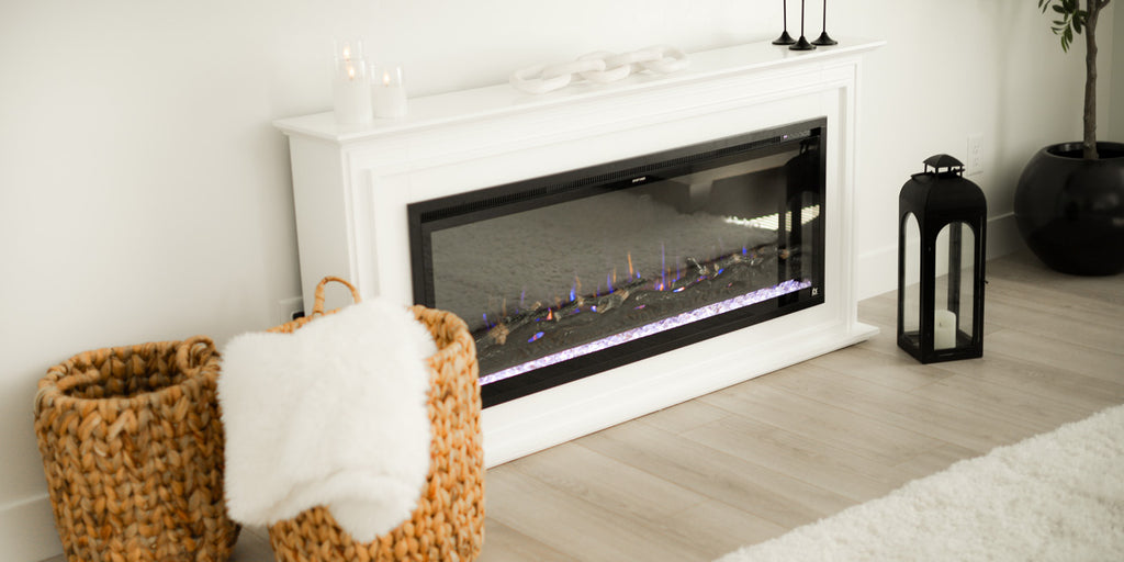 Touchstone Encase Surround Mantel in white fits the Sideline Elite 50 Smart Electric Fireplace, photo credit @karinabbingham