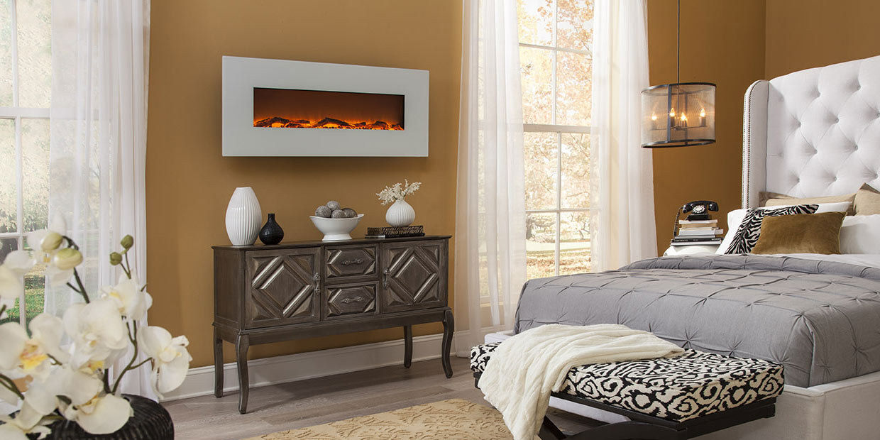 Touchstone Ivory Wall Mount Electric Fireplace in glam bedroom with gold walls