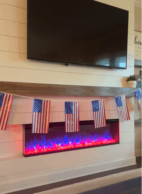 Touchstone Sideline Infinity Electric Fireplace decorated for Fourth of July